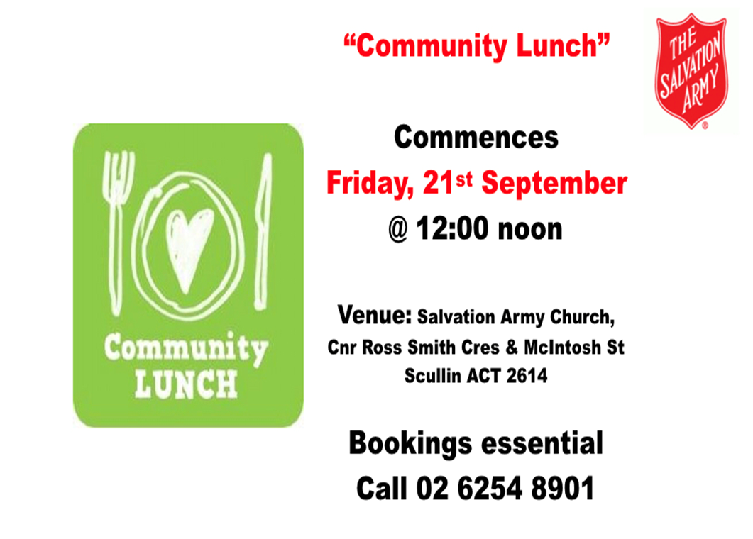 FREE LUNCH FOR THE COMMUNITY AT SALVATION ARMY SCULLIN